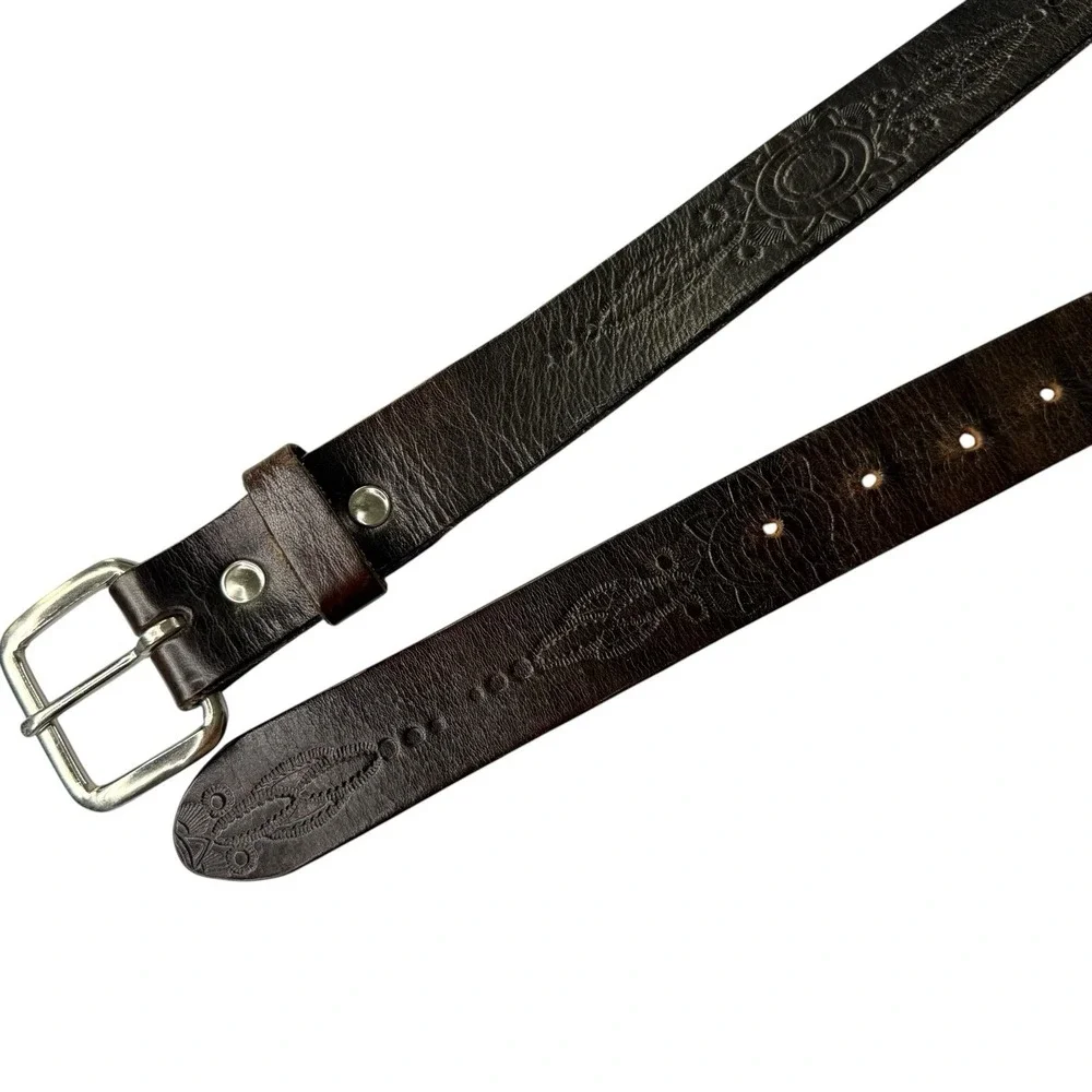 Genuine Leather Tooled Floral Belt Dark Brown Silver Buckle Men's Large Western